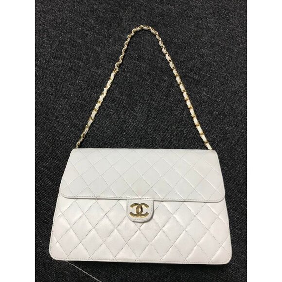 CHANEL Classic Single Flap Bag Quilted Matelasse Lambskin White Purse Vintage - Picture 6 of 16